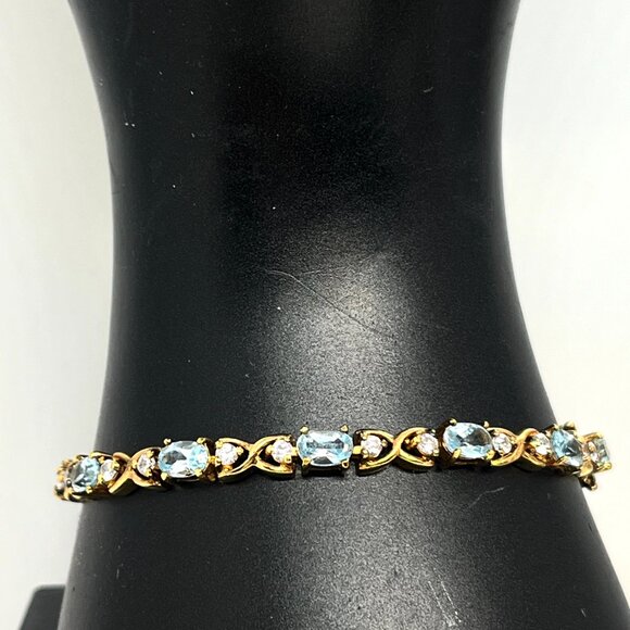 VINTAGE DBJ 925 VERMEIL BLUE TOPAZ CZ TENNIS BRACELET GOLD STERLING SILVER 7” - Picture 13 of 14